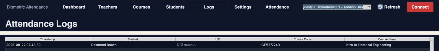 The attendance log in the desktop app on demo day, cropped, with the card's UID masked